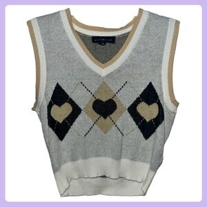 Grey Cream & Tan Argyle Heart Sweater Vest